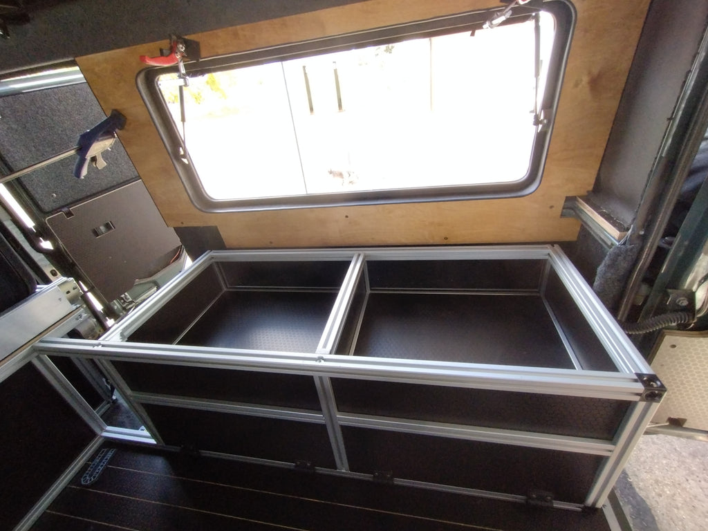 Overlanding side seating with top hatches and base flap doors